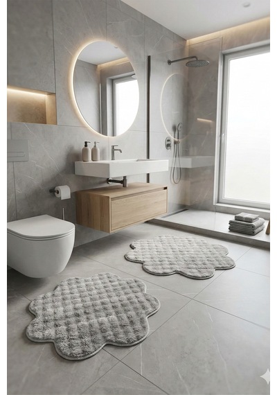 Bubble Papatya Banyo Paspası 2'li Set Pofuduk Yumuşak Peluş Kaymaz Taban Dekoratif Banyo Halısı Gri