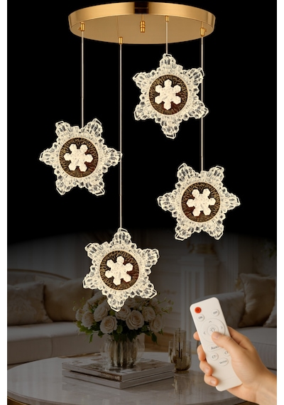 Kar Tanesi Model 4 Lü Gold Kaplama 3 Renk Kumandalı Salon Mutfak Oturma Yatak Odası Modern Led Avize Sarı