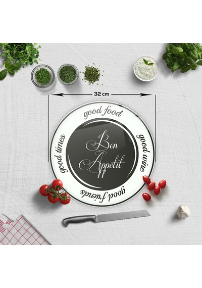 Decorita Cam Kesme Tahtası | Good Food - Siyah Fon | Çap 32cm