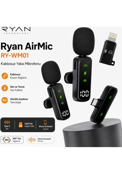 Kablosuz Yaka Mikrofonu Type-c + Lightning Uyumlu İphone & Android Tak Çalıştır Gürültü Azaltma Airmic Ry-wm01