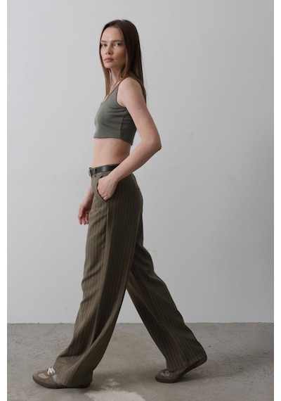 Emh Store Kemerli Palazzo Pantolon - Haki-beyaz Diğer