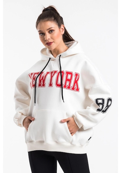 Caya Kadın Ekru Renk Baskı Detaylı Oversize Sweatshirt Cy84191 Beyaz Beyaz