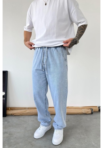 Buz Mavi Beli Lastikli Baggy Pantolon
