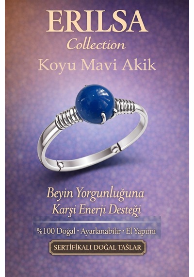 Sertifikalı Beyin Yorgunluğu  Yüzüğü Koyu Mavi Akik Ayarl Çok Renkli