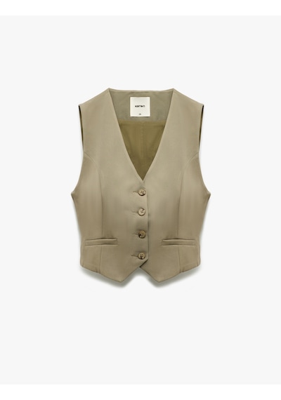Koton Modal Karışımlı Astarlı Slim Fit V Yaka Düğmeli Blazer Yelek Haki 5sak20006pw Haki
