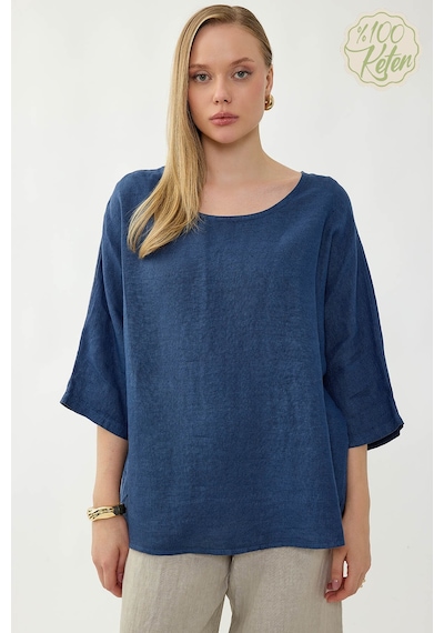 Vitrin %100 Keten Geniş Yaka Oversize Kısa Kol Bluz Lacivert