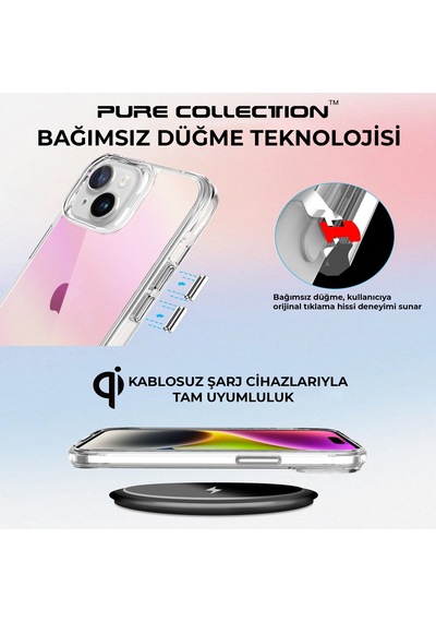 Bix Apple Uyumlu iPhone 15 Pure Rainbow Renk Geçişli Şeffaf Kılıf Çizilmeye Dayanıklı Darbe Emici Pembe