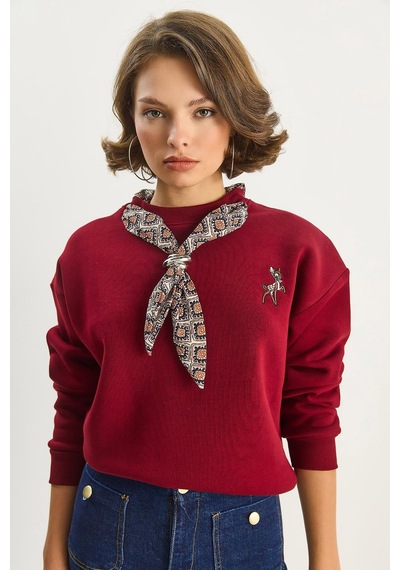 Shade Kadın Fular Detaylı Ceylan Nakışlı Üç İplik Şardonlu Oversize Sweatshirt 6916 60283615 - Bordo
