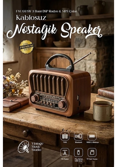 Nostaljik Görünümlü Bluetooth Mp3 Çalar Fm/am/sw Usb Tf Kart Destekli Şarjlı Retro Hoparlör