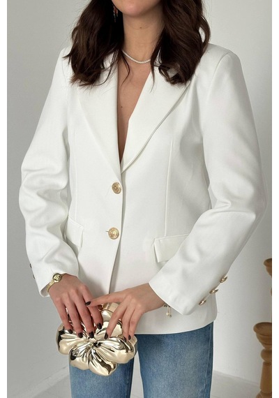 Cemo Kadın Klasik Yaka Gold Düğme Detaylı Blazer Ceket Ekru