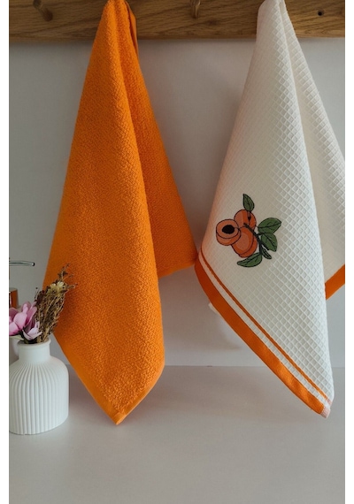 2 Li Mutfak Havlusu %100 Pamuk - Kayısı Nakışlı - 40x60 Cm Turuncu Turuncu