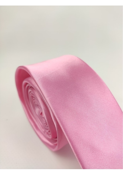 Demfashion Saten Parlak Slim Kravat Mendil Seti Pembe