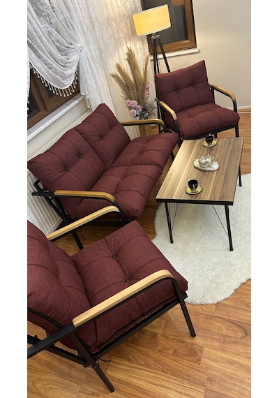 Modern Erciyes Balkon, Bahçe, Cafe - Metal Kanepe Koltuk Takımı - 2+1+1 + Sehpa Bordo Modernbs1 Bordo