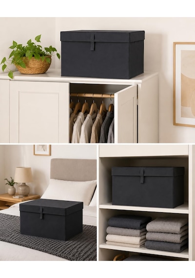 Çok Amaçlı Saklama Kutusu Düzenleyici Kapaklı Sandık Tipi Kutu Hurç Organizer 3 Lü Set Antrasit, Mini 40x30x26 Diğer