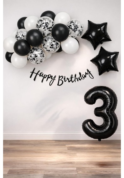Siyah Konsept 3 Yaş Doğum Günü Kutlama Seti Beyaz Siyah Konfetili Balon, Rakam Yıldız Folyo Ve Banner Genel
