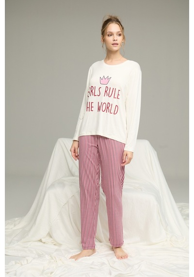 Siyah İnci Örme Pamuklu Pijama Takım25240196 Ekru
