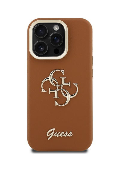 Apple iPhone 15 Pro Max Uyumlu Kılıf Guess Lisanslı Grained Yazı Logolu Kamera Standlı Kapak Kahverengi