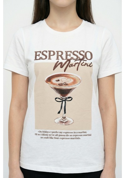 Quzu Espresso Nakışlı Baskılı Oversize Tişört Ekru