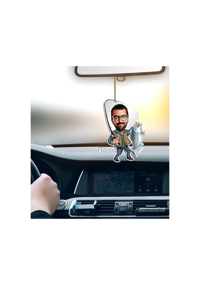 Kişiye Özel Bay Balıkçı Karikatürlü Ahşap Araba Dikiz Ayna Süsü