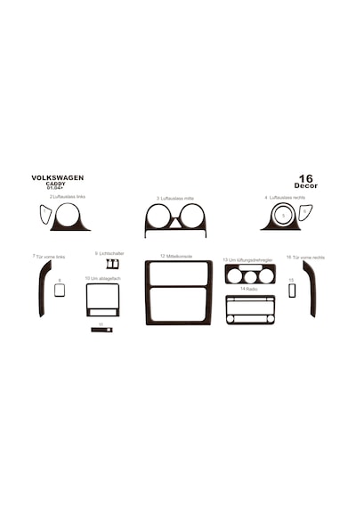 Volkswagen Caddy Torpido Kaplama 2004-2009 16 Parça Koyu Meşe