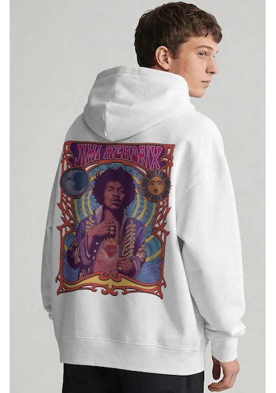 Sevbano Jimi Hendrix Efsane Şarkıcı Sırt Baskılı Unisex Oversize Penye Ho beyaz