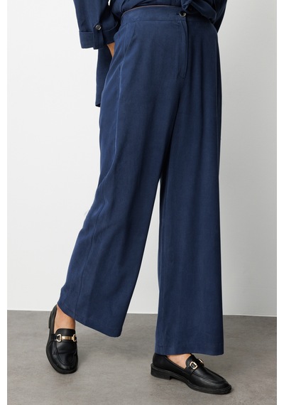Mizalle Geniş Paça Beli Lastikli İndigo Mavi Cupro Pantolon Indigo
