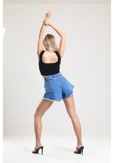 Pass&Pass 2080 Kadın Püsküllü Paça Jeans Denim Kot Şort Mavi