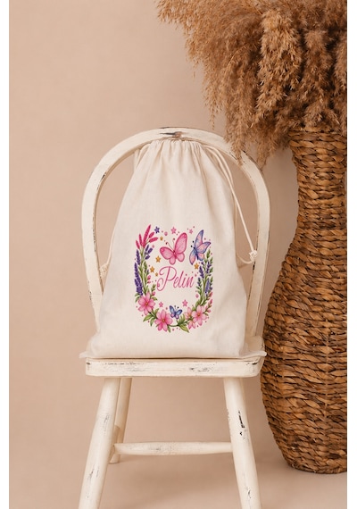 İsme Özel Kız Bebek Çocuk Kıyafet Kesesi 30x40 Cm %100 Pamuk Ham Bez İsim Baskılı Yıkanabilir Kişiye Özel Kese 2088kk Ekru