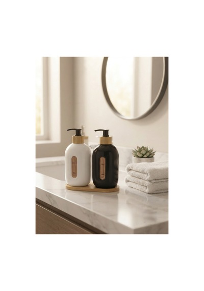 Cam Sıvı Sabunluk Seti 500 Ml 2'li Bambu Detaylı Mutfak Ve Banyo Sabunluk Takımı Beyaz - 894624291 Beyaz