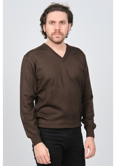 Woolen World Erkek V Yaka Desenli Yün Kazak 5597802 Kahverengi Kahverengi