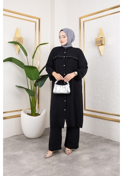 Nevayla Moda Ayrobin Kumaş İnci Detaylı Takım / T105 - Siyah Siyah