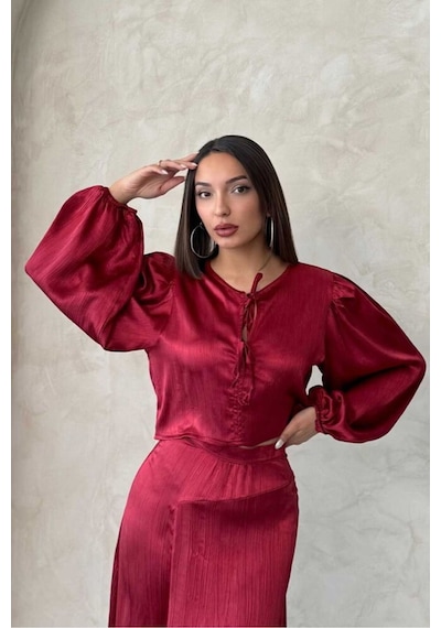 Verymoda Kraşlı Saten Önden Bağlamalı Bluz F1916 Bordo