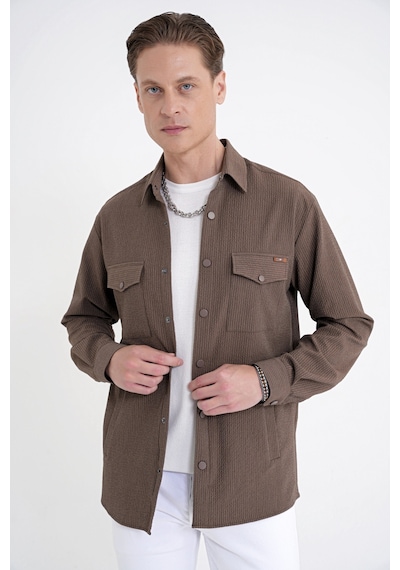 Comfort Fit Yan Cepli Esnek İnce Çizgili Camel Gömlek Ceket G 1608