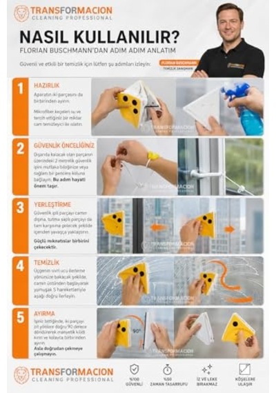 Ayrex Transformacion Mıknatıslı Çift Taraflı Cam Silici Güvenli Pratik Cam Temizleme Aparatı 8 Mm Tek Camlara 717 Diğer