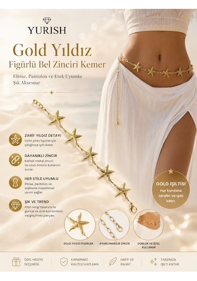 Yurısh Kadın Gold Yıldız Figürlü Bel Zinciri Kemer - Elbise Pantolon Ve Etek Uyumlu Şık Aksesuar Yurısh Kadın Gold Yıldız Figürlü Bel Zinciri Kemer - Elbise Pantolon Ve Etek Uyumlu Şık Aksesuar