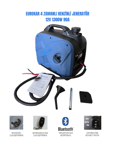 Eurokar 12v Dc Benzinli Portatif Jeneratör - 1300w 90a Akü Şarj Cihazı Karavan, Tekne