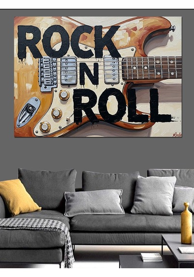 Rock And Roll Yazılı Elektrogitar İllüstrasyonu Dekoratif Kanvas - Mdf Ahşap Tablo