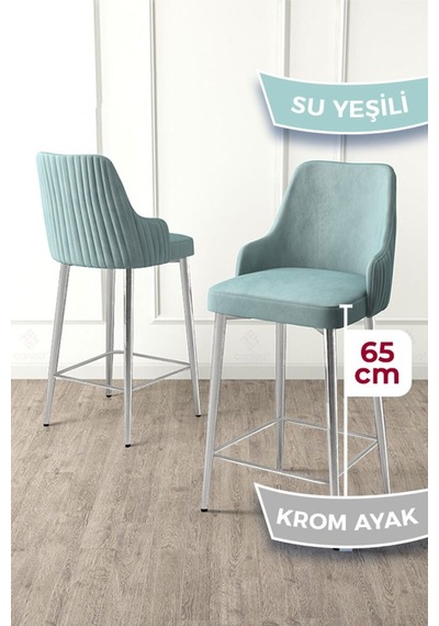 Canisa Tera Serisi 4 Adet Babyface Kumaş 65 Cm Krom Kaplama Ayaklı Su Yeşili Bar Sandalyesi Su Yeşili Sandalye Krom Kaplama Ayak