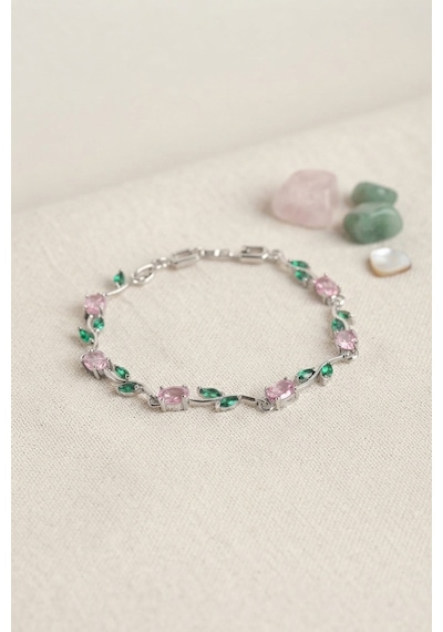 Silver Kaplama Pembe Zirkon Taşlı Çiçek Model Bileklik Bijuteri Gümüş