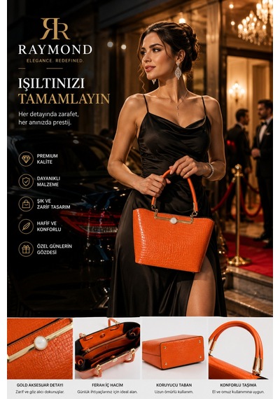Raymond Kadın Omuz Ve El Çantası Turuncu Timsah Desenli Gold Akseusarlı Premium Tasarım Turuncu