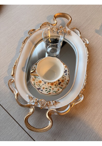 Küçük Oval Aynalı Dekoratif Tepsi Beyaz Altın Varak Eskitme Kulplu Gül Kabartmalı Sunum Tepsisi