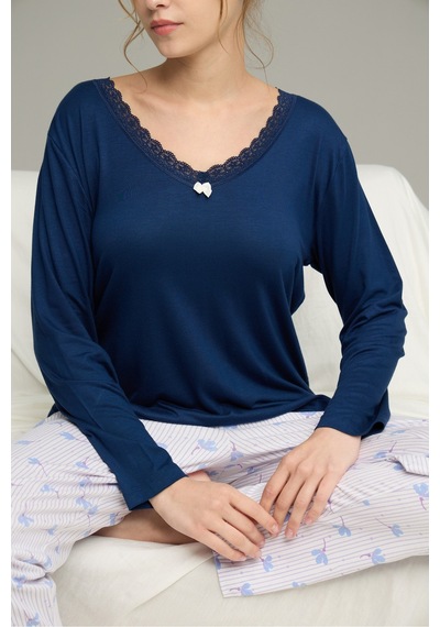 Siyah İnci Örme Pamuklu Pijama Takım25240199 Lacivert
