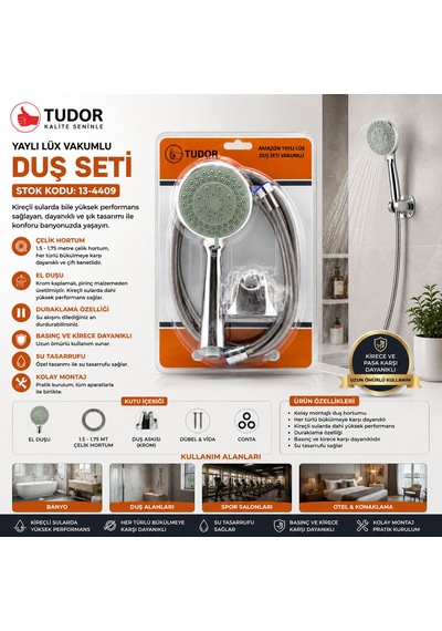Krom Vakumlu Lüks Duş Seti - 150 Cm Metal Yaylı Hortum Sarı
