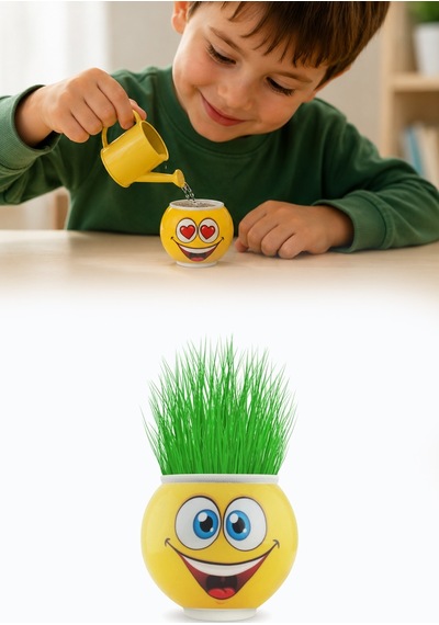 Emoji Figürlü Çim Adam Oyuncak Toprak Tohumlu Dekoratif Saksı Çocuk Eğitici Bitki 6 cm