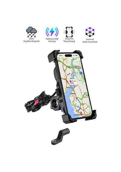 Motosiklet Uyumlu Kablosuz Şarjlı Telefon Tutacağı Abs Plastik + Metal Siyah Renk
