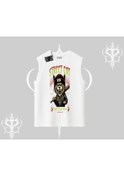 Tarzsokak Street Cat Kedi Baskılı Kolsuz Tshirt Beyaz