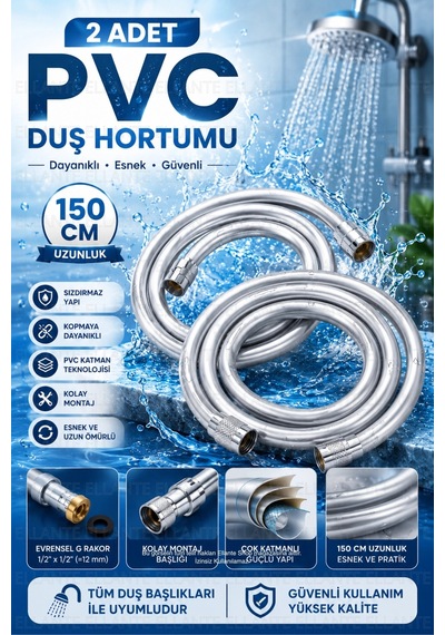 Gri Paslanmaz Kopmaz Patlamaz Kaliteli Pvc Duş Hortumu Tüm Duş Setleri Ileuyumlu - 150cm 2 Adet Çok Renkli