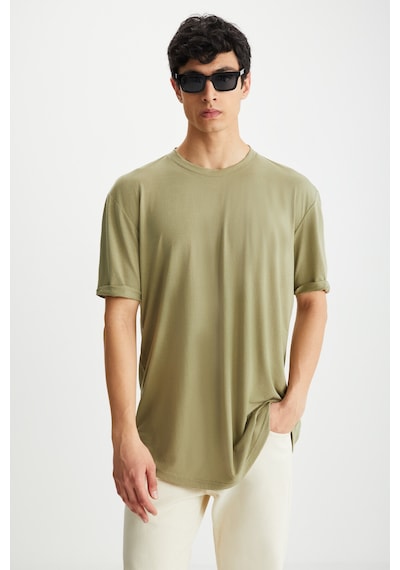 Grimelange Oscar Erkek Comfort Fit Uzun Dökümlü Kumaş Haki T-shirt Haki