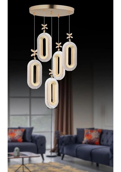 5'li Gold Kaplama Sarkıt Led Salon Avize 3 Renk Ledli Gold