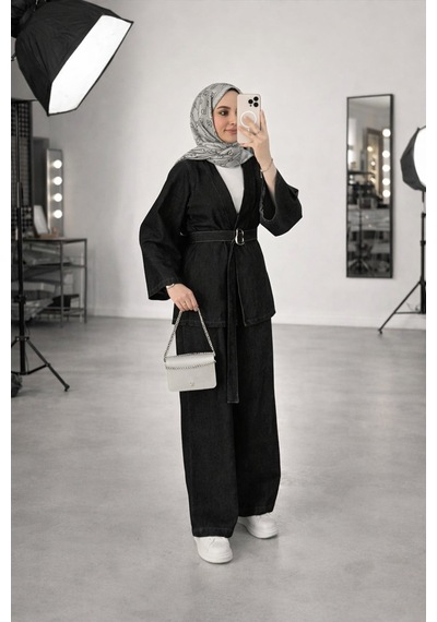 Unika Boutique Kadın Kot Kemer Detaylı Pantolon Bluz Takım Siyah